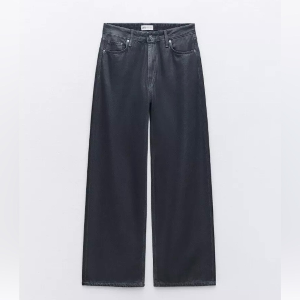 Zara Mid Rise Baggy Wide Leg Midnight Blue Foil Jeans Size 0 31.5” Inseam